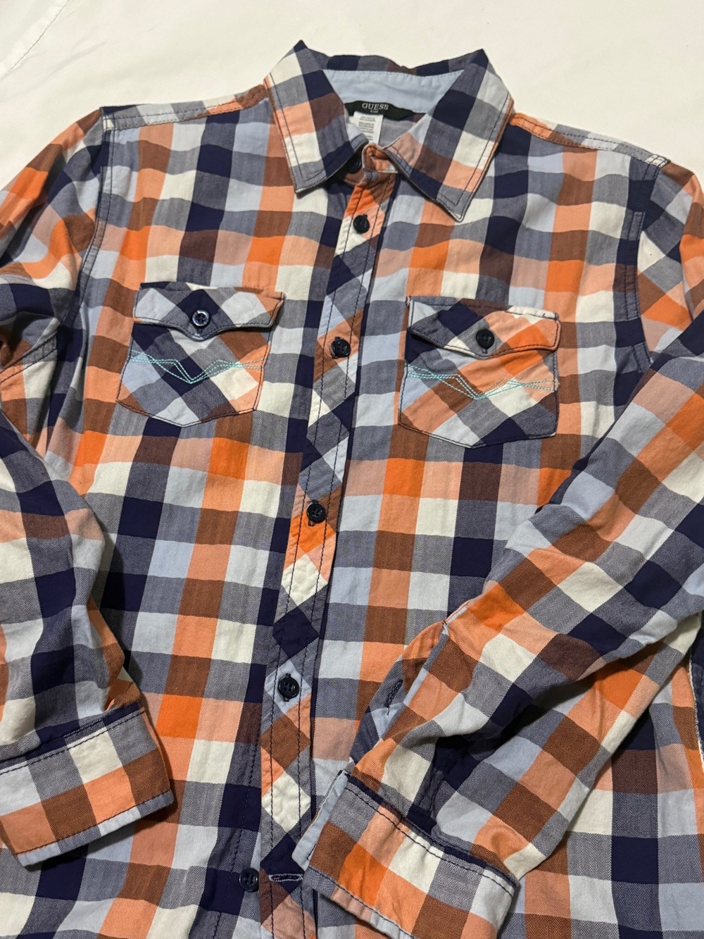 Guess Orange Navy and White Plaid Button-Down Shirt
